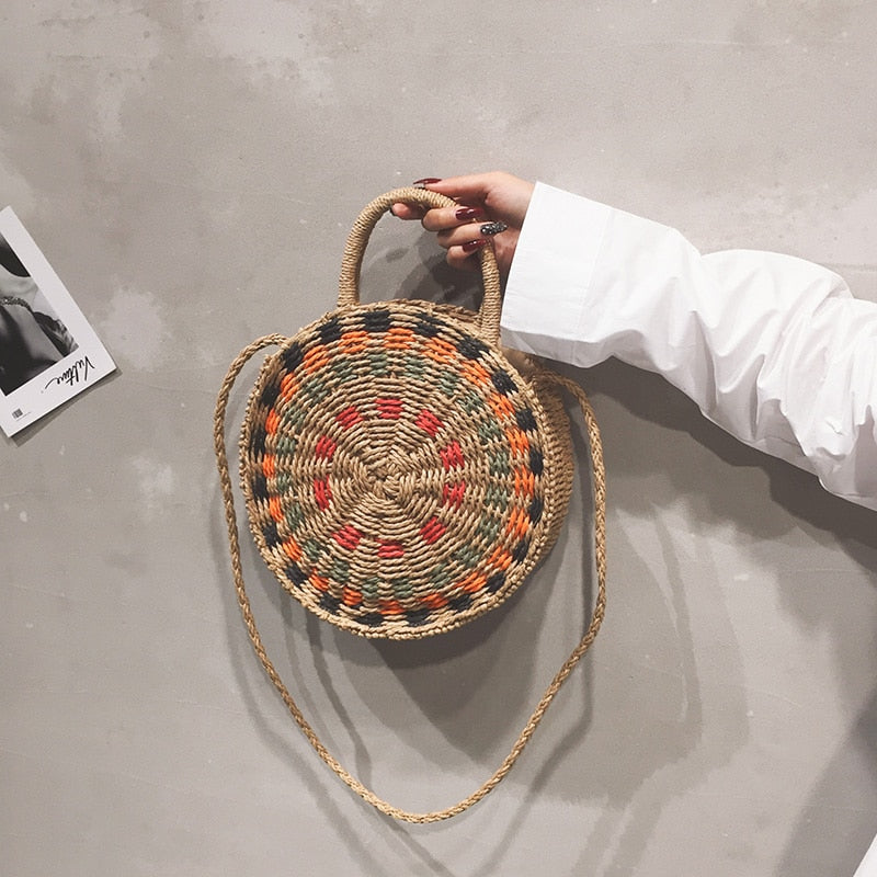 Boho Bag, Woven Round Straw Bag, Alba Yellow Rainbow