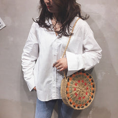 Boho Bag, Woven Round Straw Bag, Alba Yellow Rainbow