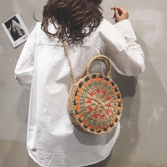 Boho Bag, Woven Round Straw Bag, Alba Yellow Rainbow