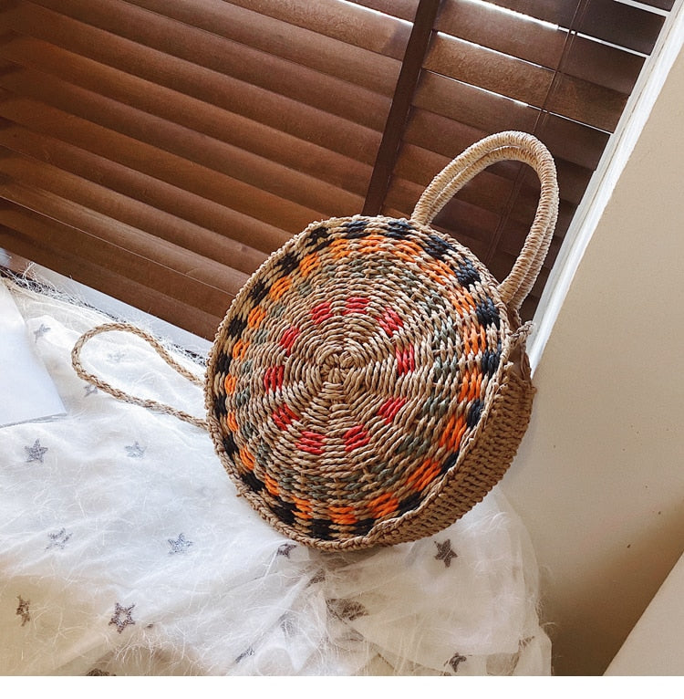 Boho Bag, Woven Round Straw Bag, Alba Yellow Rainbow