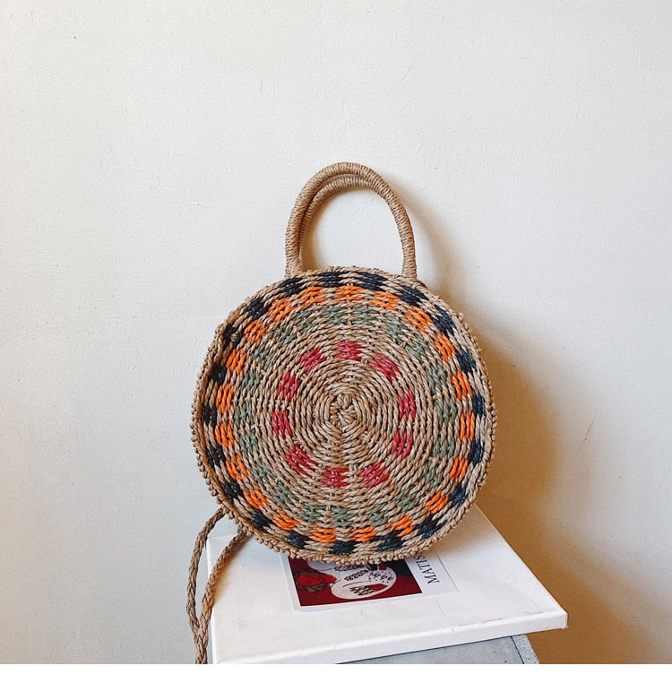 Boho Bag, Woven Round Straw Bag, Alba Yellow Rainbow
