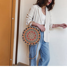 Boho Bag, Woven Round Straw Bag, Alba Yellow Rainbow