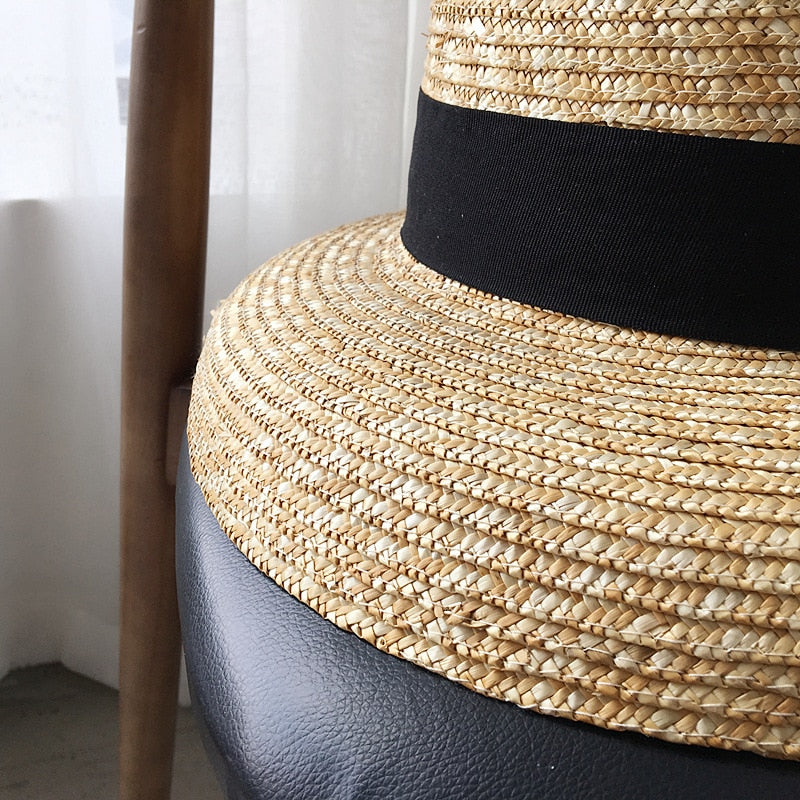 Boho Hat, Beach Hat, Straw Sun Hat, Vinatge Lady Black Ribbon