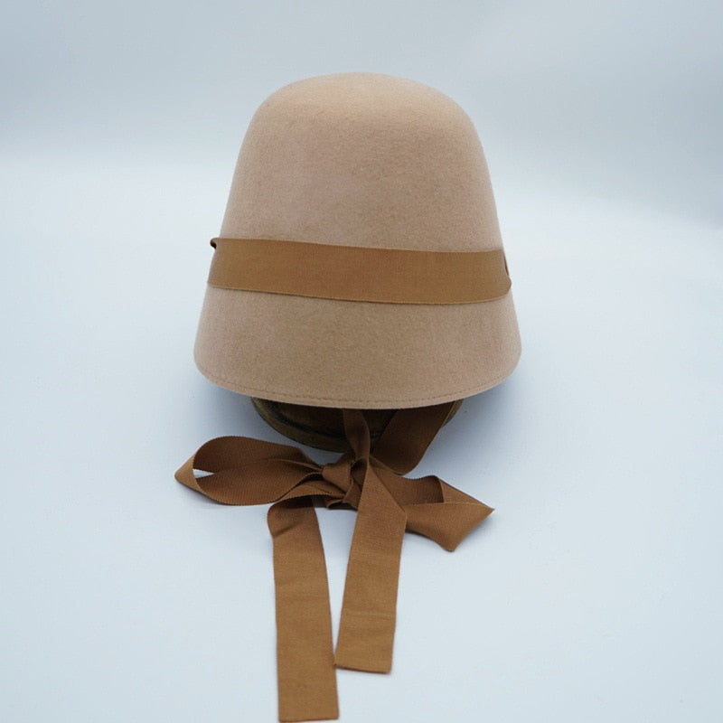 Boho Hat, Autumn Winter Wool Hat, Vintage Black Lady Bucket Cap Ribbon