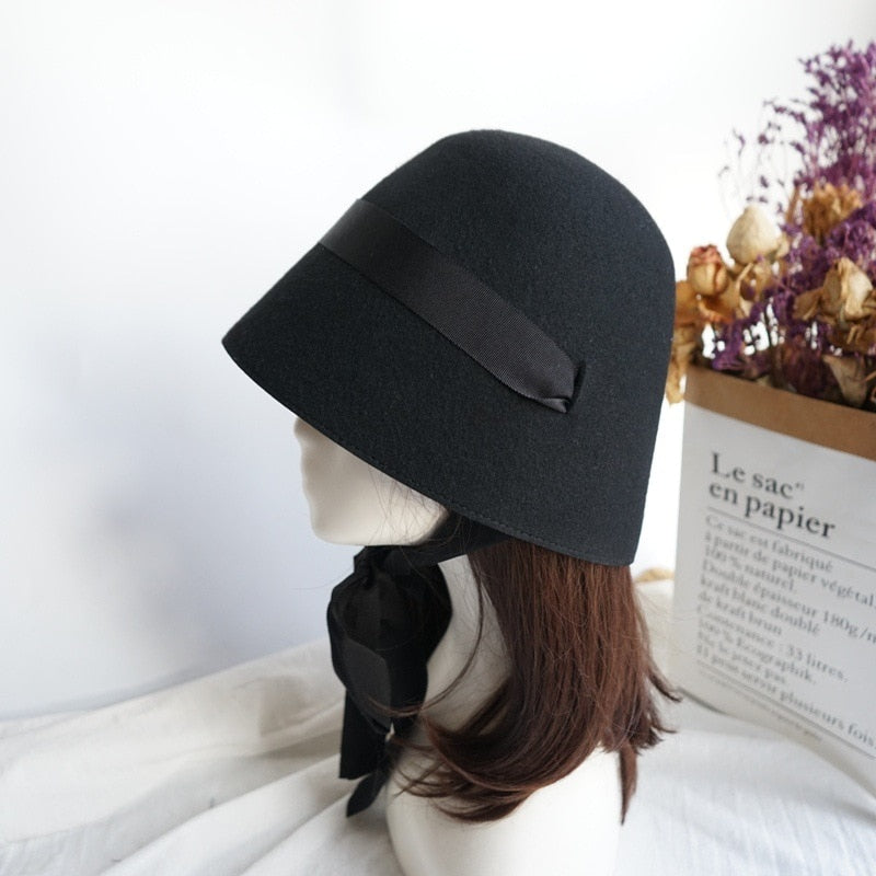 Boho Hat, Autumn Winter Wool Hat, Vintage Black Lady Bucket Cap Ribbon