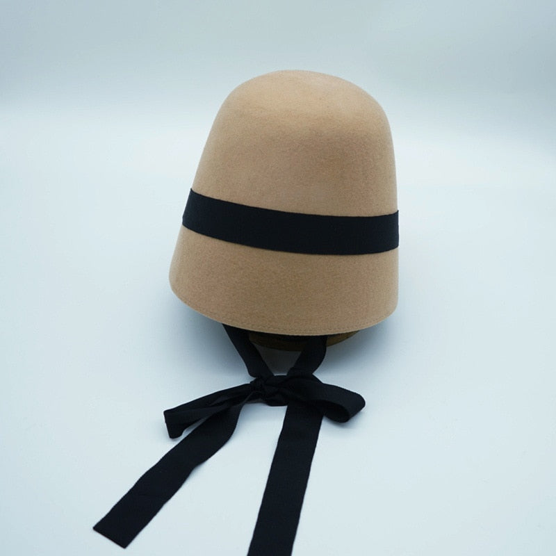 Boho Hat, Autumn Winter Wool Hat, Vintage Black Lady Bucket Cap Ribbon