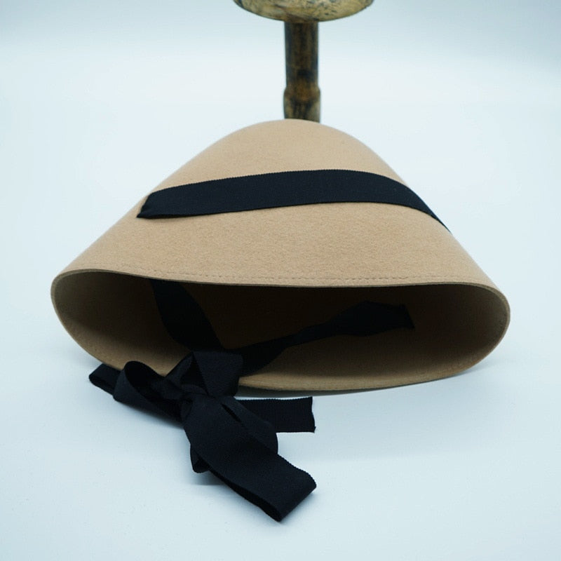 Boho Hat, Autumn Winter Wool Hat, Vintage Black Lady Bucket Cap Ribbon