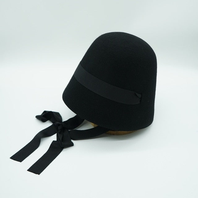 Boho Hat, Autumn Winter Wool Hat, Vintage Black Lady Bucket Cap Ribbon