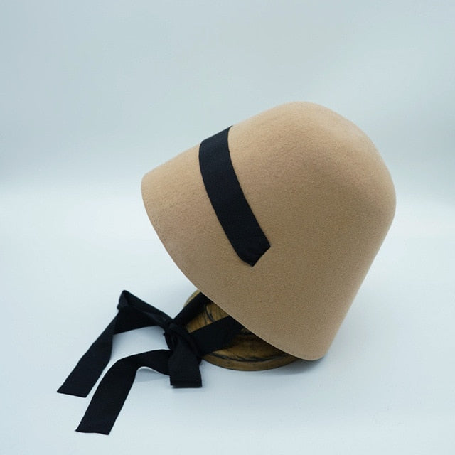 Boho Hat, Autumn Winter Wool Hat, Vintage Black Lady Bucket Cap Ribbon