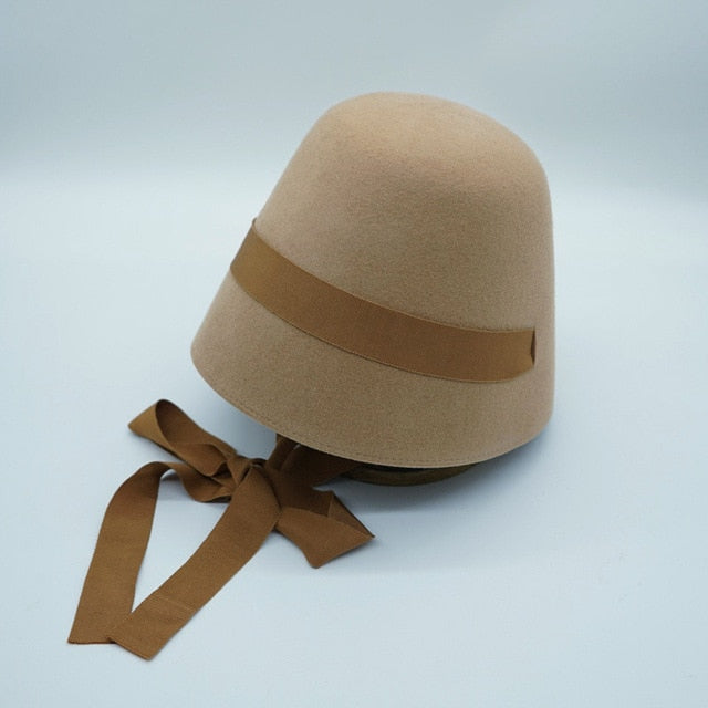 Boho Hat, Autumn Winter Wool Hat, Vintage Black Lady Bucket Cap Ribbon