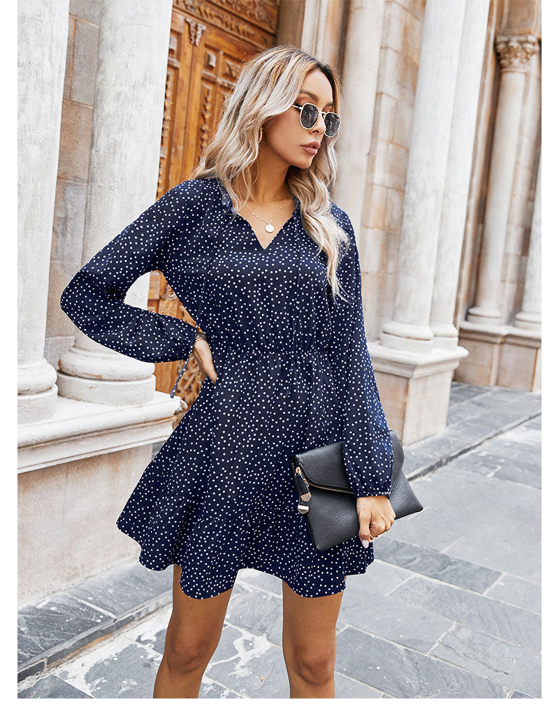 Boho Mini Dress Ruffle Polka Dot in Navy and Red