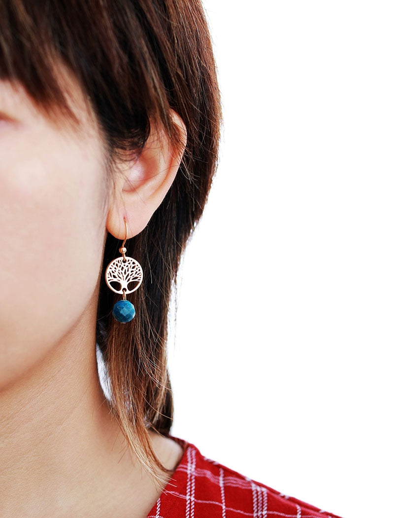 Boho Earrings, Dangle Earrings, Blue Apatite Gold Tree of Life