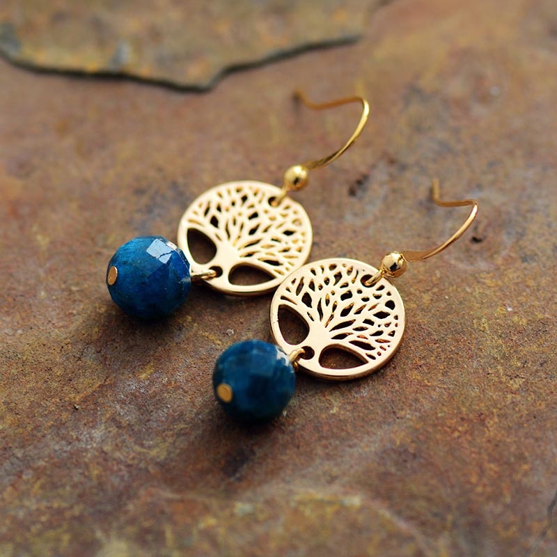 Boho Earrings, Dangle Earrings, Blue Apatite Gold Tree of Life