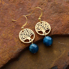 Boho Earrings, Dangle Earrings, Blue Apatite Gold Tree of Life