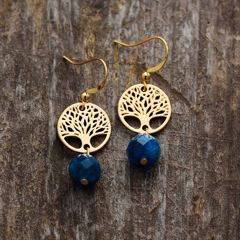Boho Earrings, Dangle Earrings, Blue Apatite Gold Tree of Life