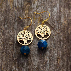 Boho Earrings, Dangle Earrings, Blue Apatite Gold Tree of Life