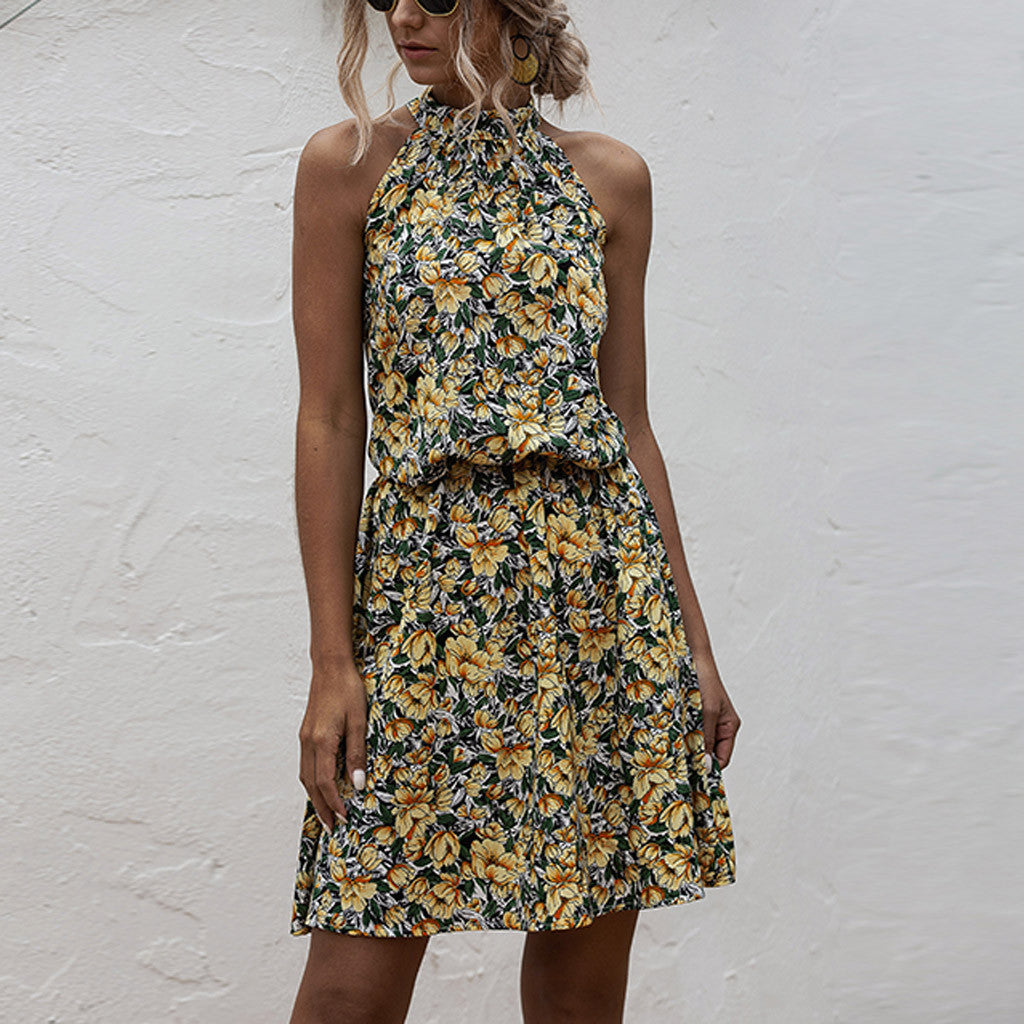Boho Mini Dress Halter Dress, Meadowsweet in Yellow Tulip