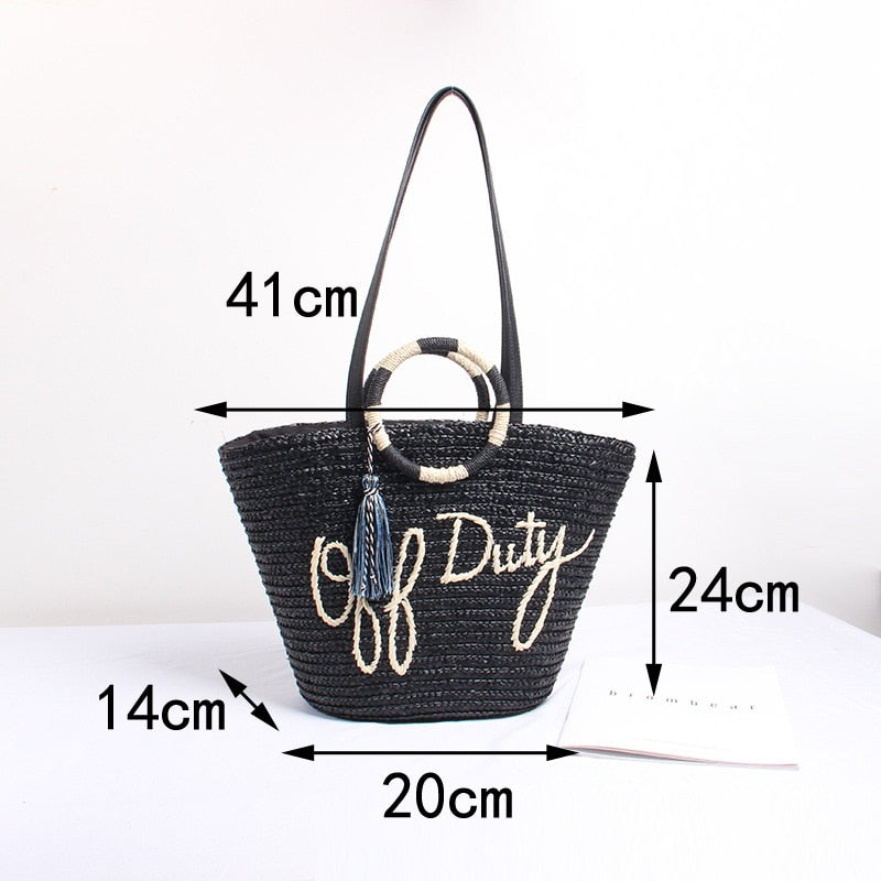 Boho Bag, Woven Straw Bag, Black Off Duty