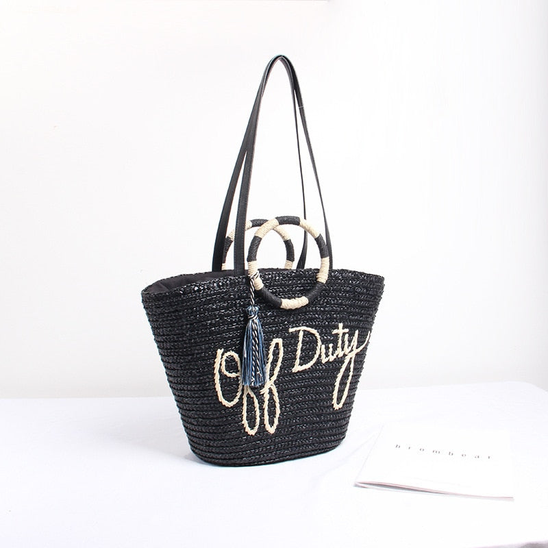 Boho Bag, Woven Straw Bag, Black Off Duty