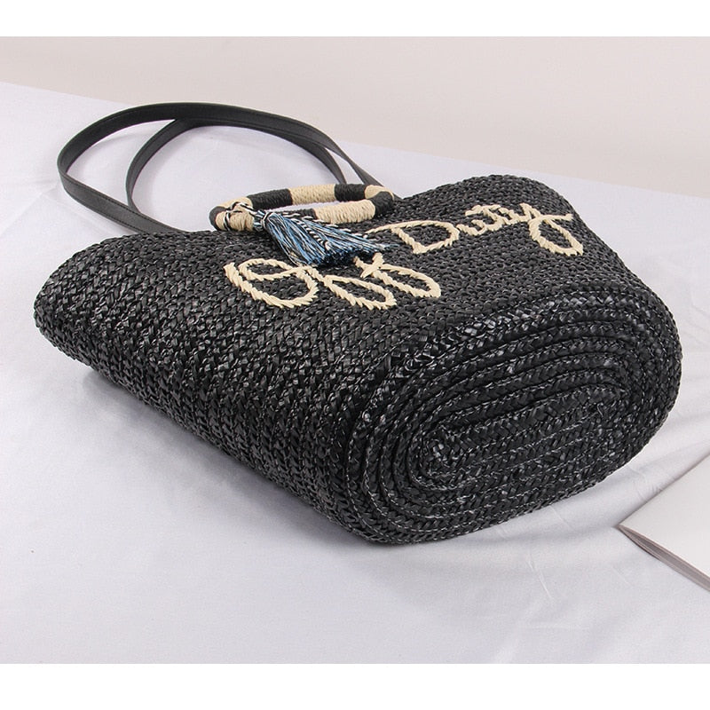 Boho Bag, Woven Straw Bag, Black Off Duty