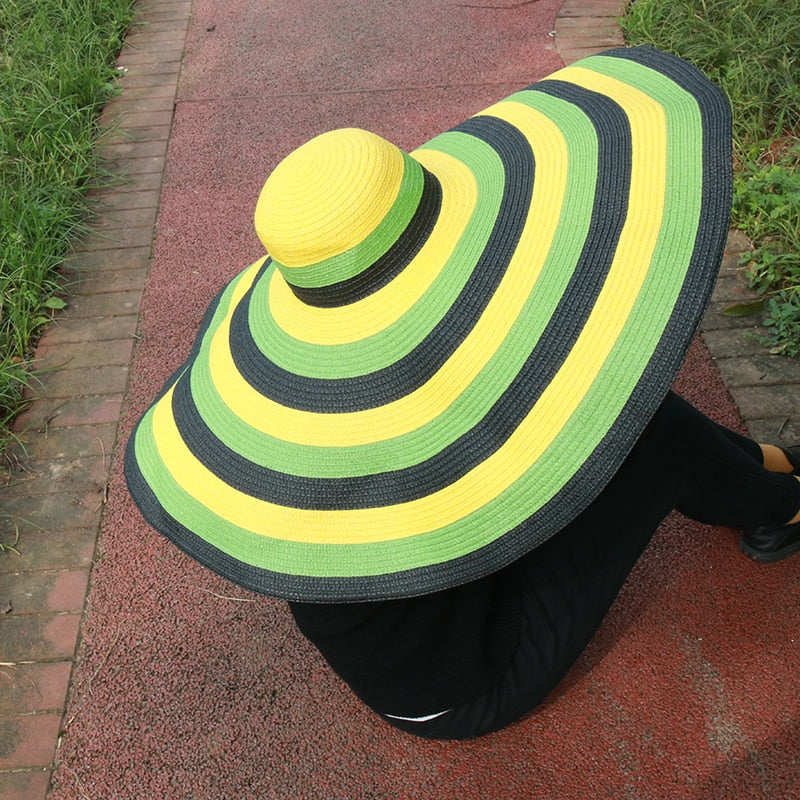 Boho Hat, Sun Hat, Beach Hat, Extra Large Wide Brim, Straw Hat, Jamaika Green Yellow (Soft, 25 cm)