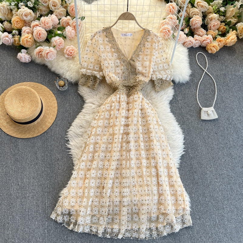 Vintage Dress, Boho Midi Dress, Lace Party Dress, Genevieve in  Midnight and White Apricot
