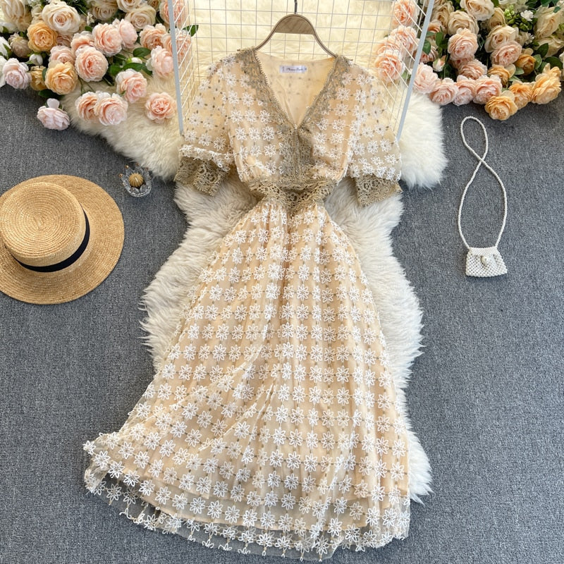 Vintage Dress, Boho Midi Dress, Lace Party Dress, Genevieve in  Midnight and White Apricot