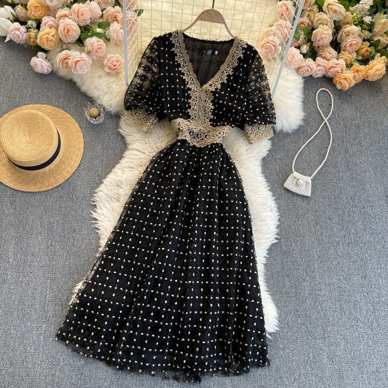 Vintage Dress, Boho Midi Dress, Lace Party Dress, Genevieve in  White Apricot and Midnight