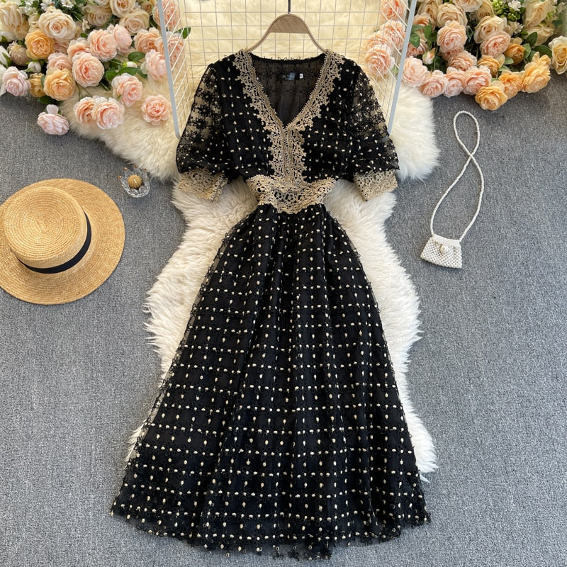 Vintage Dress, Boho Midi Dress, Lace Party Dress, Genevieve in  Midnight and White Apricot