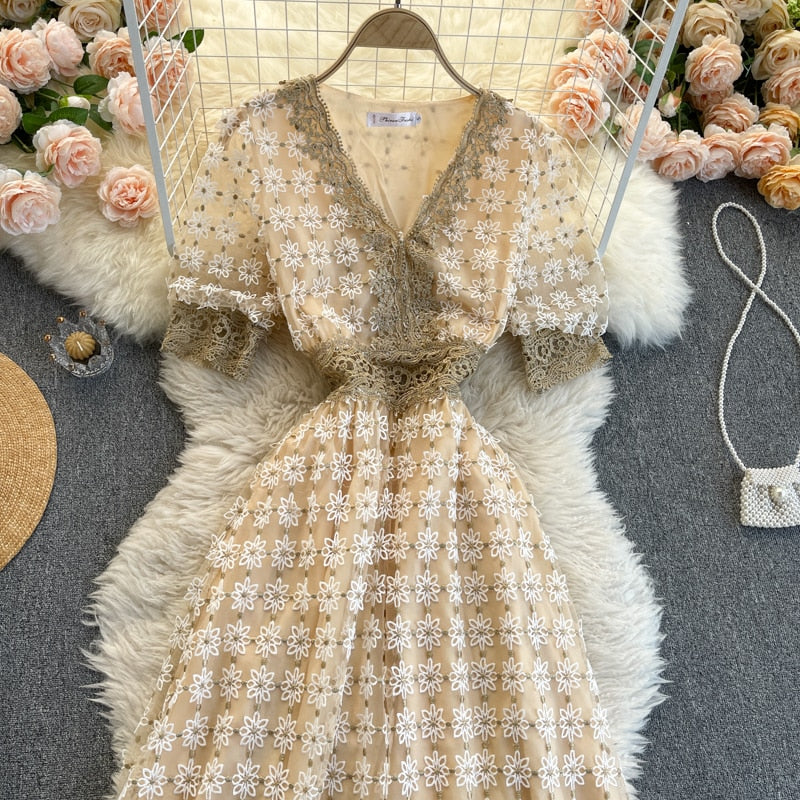Vintage Dress, Boho Midi Dress, Lace Party Dress, Genevieve in  White Apricot and Midnight