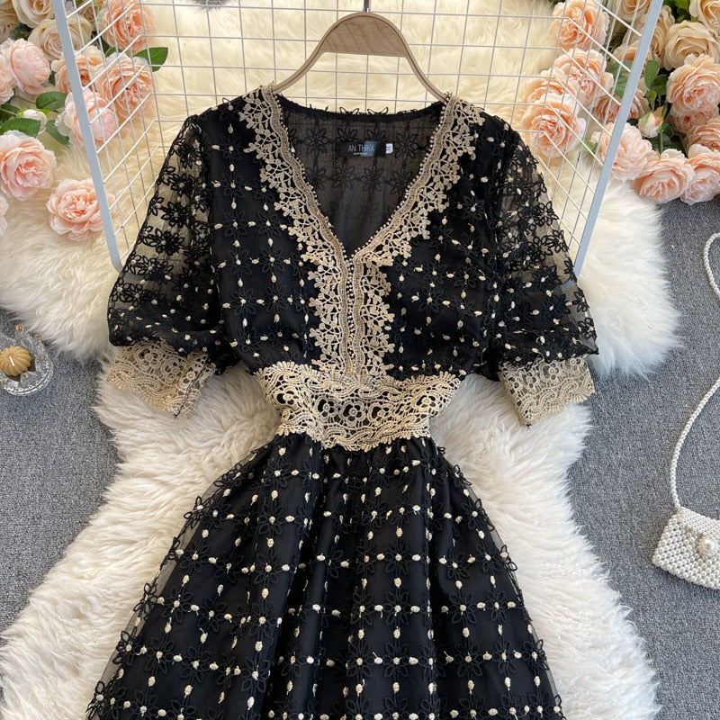 Vintage Dress, Boho Midi Dress, Lace Party Dress, Genevieve in  White Apricot and Midnight