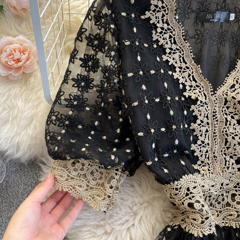 Vintage Dress, Boho Midi Dress, Lace Party Dress, Genevieve in  White Apricot and Midnight