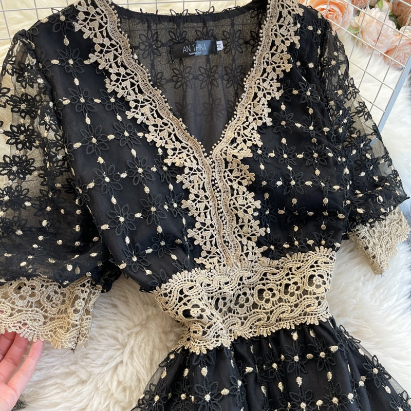 Vintage Dress, Boho Midi Dress, Lace Party Dress, Genevieve in  Midnight and White Apricot