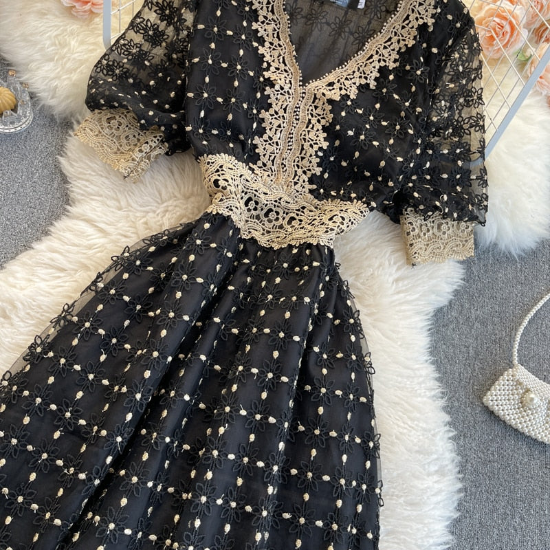 Vintage Dress, Boho Midi Dress, Lace Party Dress, Genevieve in  White Apricot and Midnight