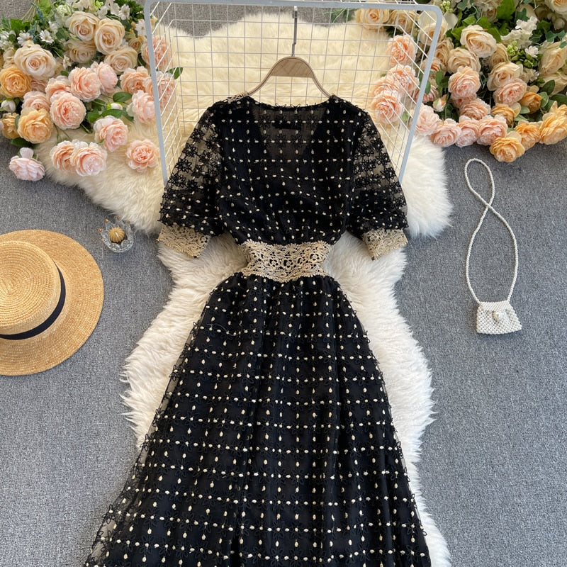 Vintage Dress, Boho Midi Dress, Lace Party Dress, Genevieve in  Midnight and White Apricot