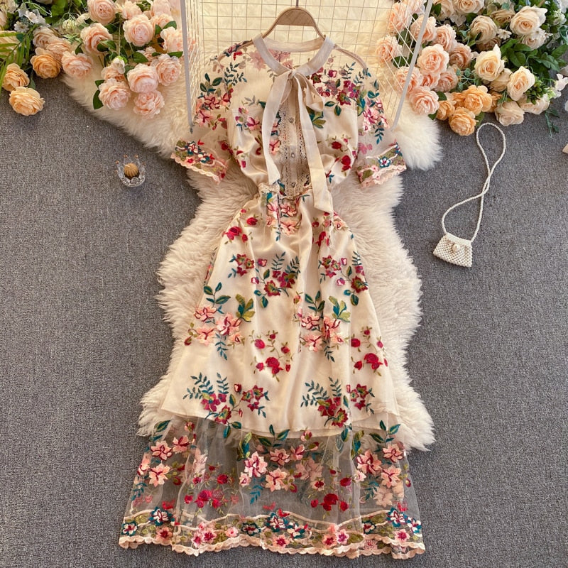 Maxi Dress, Boho Vintage Party Dress, Embroidered Dress, Annabelle in White Apricot and Midnight Flower
