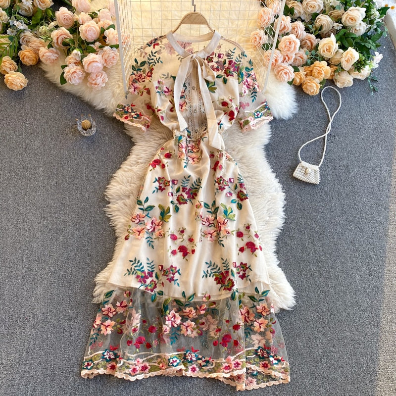 Maxi Dress, Boho Vintage Party Dress, Embroidered Dress, Annabelle in White Apricot and Midnight Flower