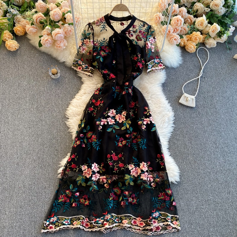 Maxi Dress, Boho Vintage Party Dress, Embroidered Dress, Annabelle in White Apricot and Midnight Flower