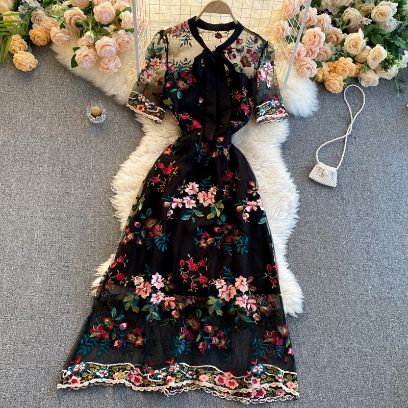 Maxi Dress, Boho Vintage Party Dress, Embroidered Dress, Annabelle in White Apricot and Midnight Flower