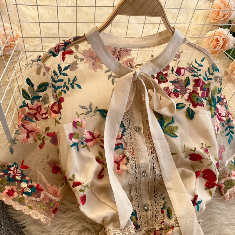 Maxi Dress, Boho Vintage Party Dress, Embroidered Dress, Annabelle in White Apricot and Midnight Flower