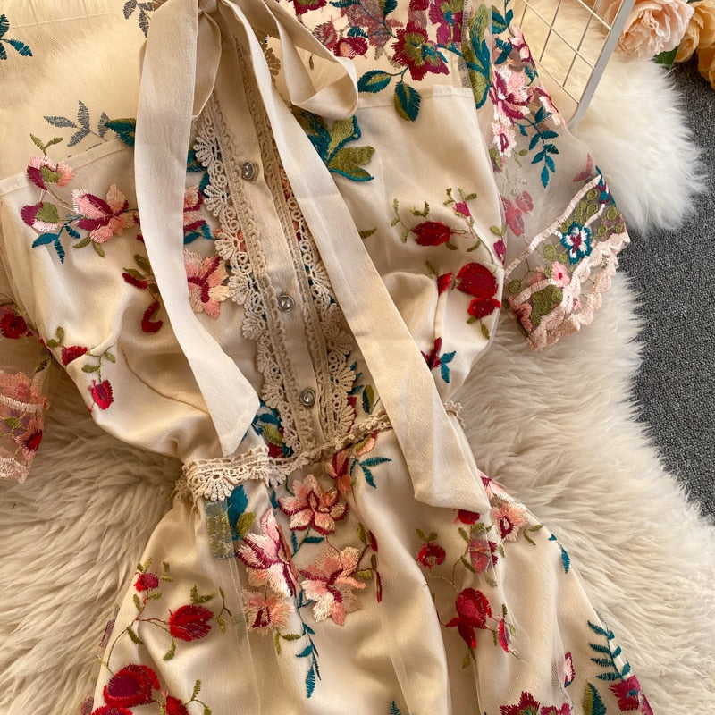 Maxi Dress, Boho Vintage Party Dress, Embroidered Dress, Annabelle in White Apricot and Midnight Flower
