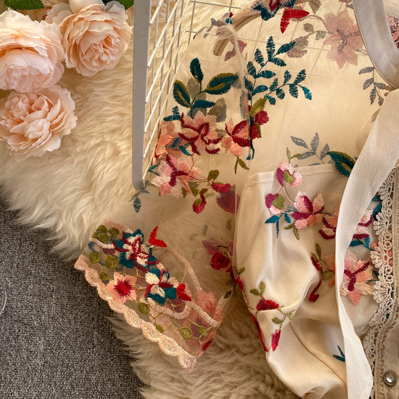 Maxi Dress, Boho Vintage Party Dress, Embroidered Dress, Annabelle in White Apricot and Midnight Flower