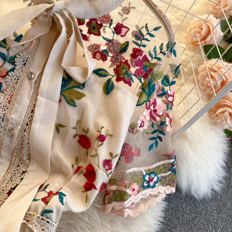 Maxi Dress, Boho Vintage Party Dress, Embroidered Dress, Annabelle in White Apricot and Midnight Flower