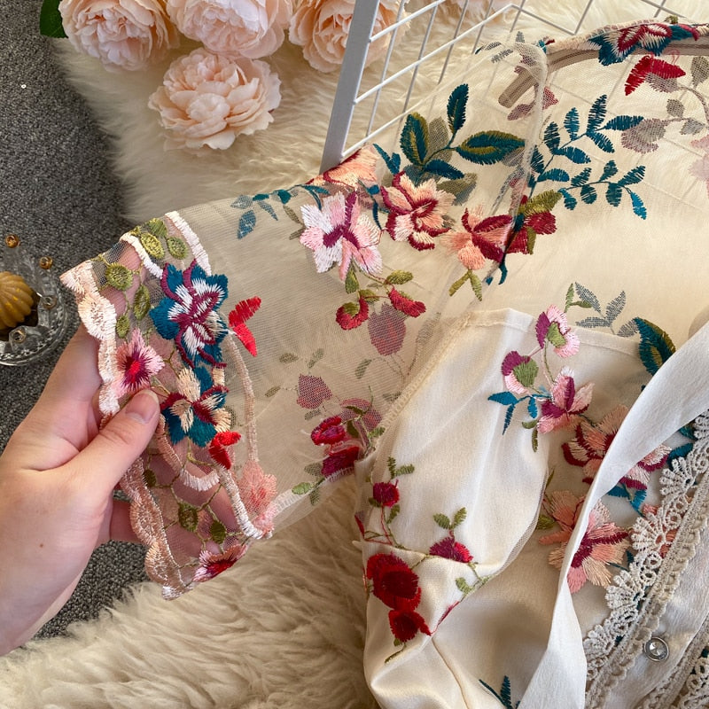 Maxi Dress, Boho Vintage Party Dress, Embroidered Dress, Annabelle in White Apricot and Midnight Flower