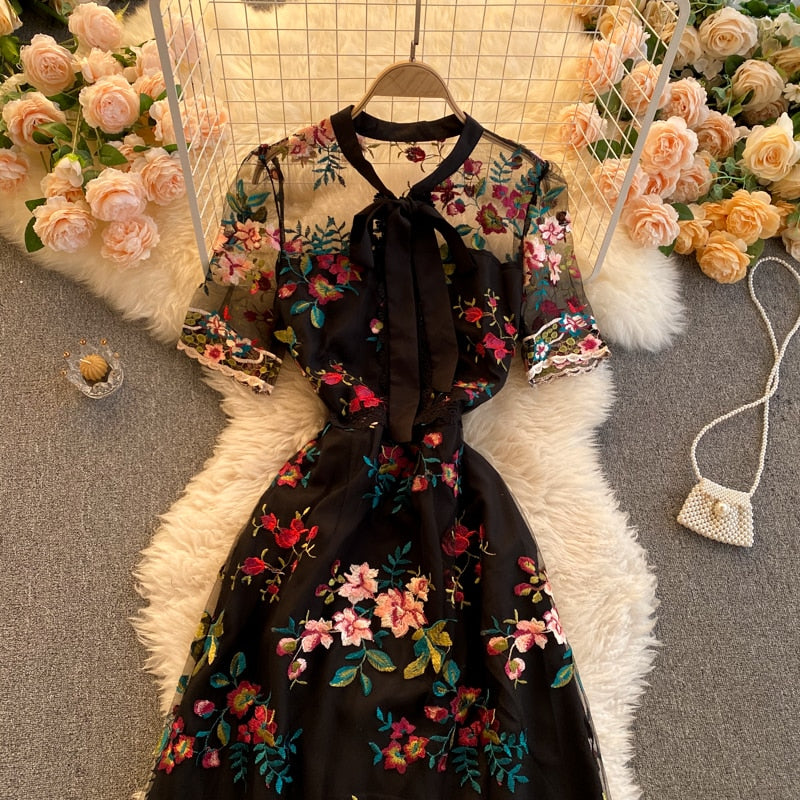 Maxi Dress, Boho Vintage Party Dress, Embroidered Dress, Annabelle in White Apricot and Midnight Flower