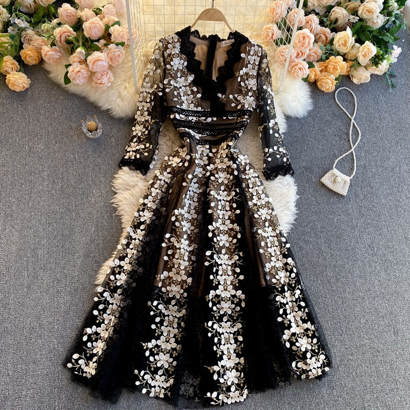Maxi Dress, Boho Vintage Party Dress, Embroidered Dress,  Gown, Magnolia in Black Midnight