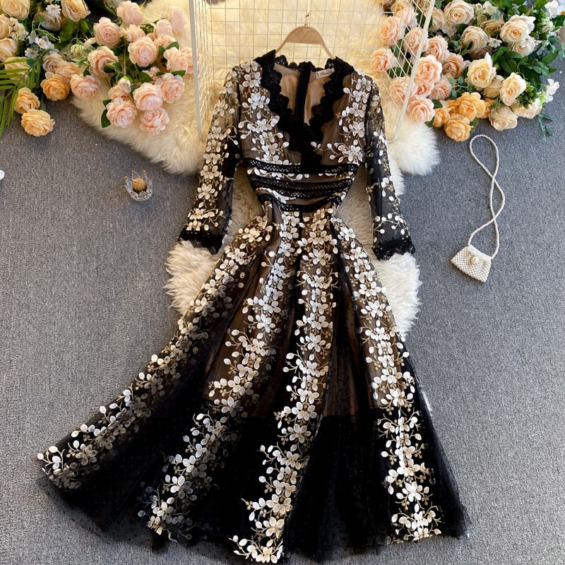Maxi Dress, Boho Vintage Party Dress, Embroidered Dress,  Gown, Magnolia in Black Midnight