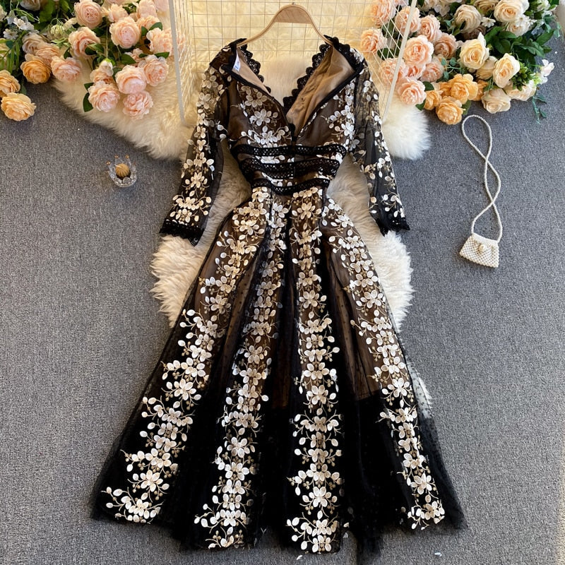 Maxi Dress, Boho Vintage Party Dress, Embroidered Dress,  Gown, Magnolia in Black Midnight