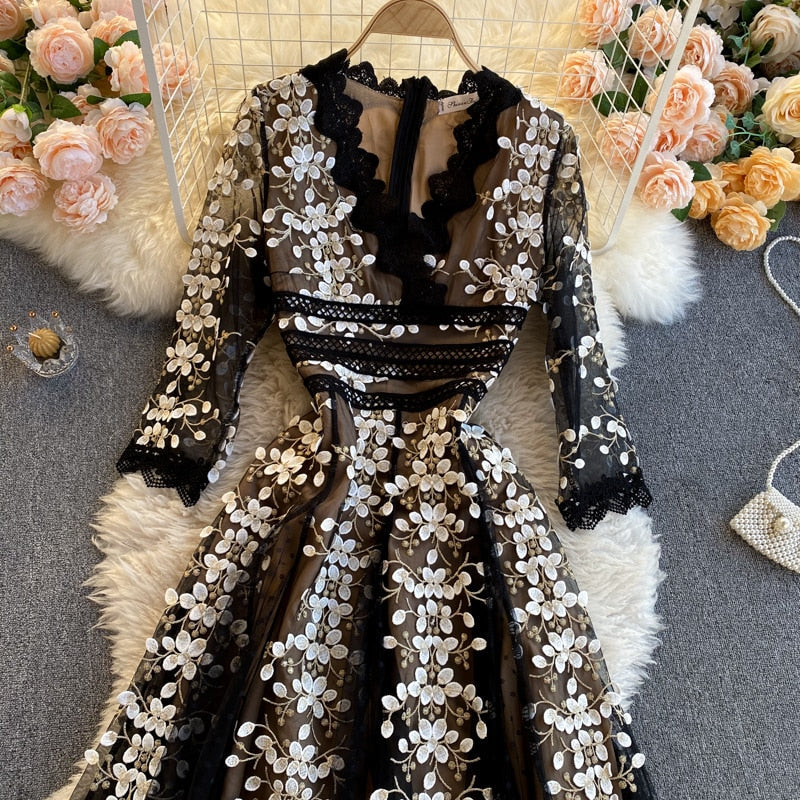 Maxi Dress, Boho Vintage Party Dress, Embroidered Dress,  Gown, Magnolia in Black Midnight