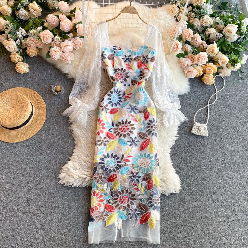 Vintage Dress, Boho Midi Dress, Party Dress, Embroidered Dress, Magnolia in White